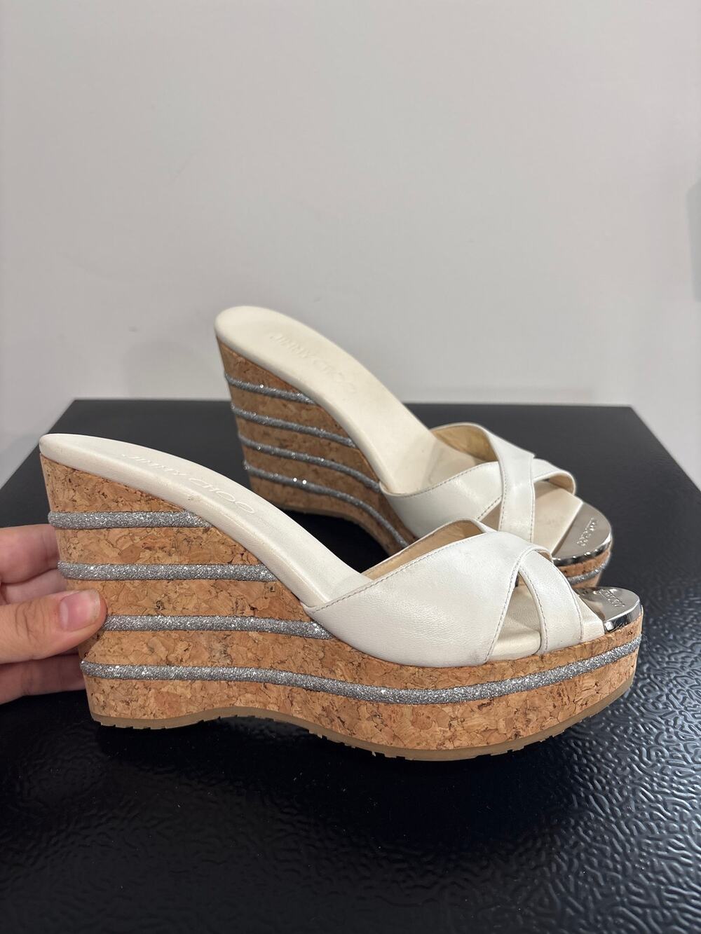 Jimmy Choo Leather Glitter Platform Sandals White EU 37.5 US 7.5